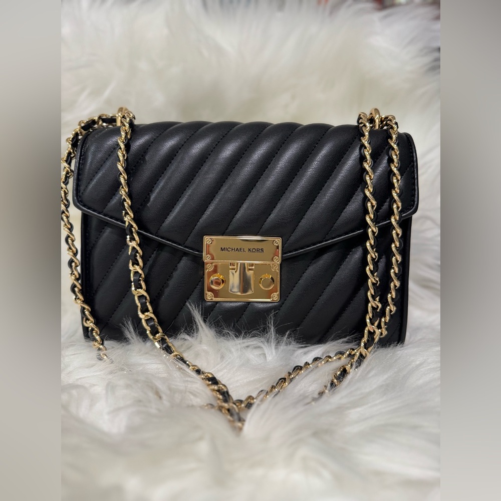 Michael Kors Medium Rose Quilted Leather Shoulder Flap Bag Black